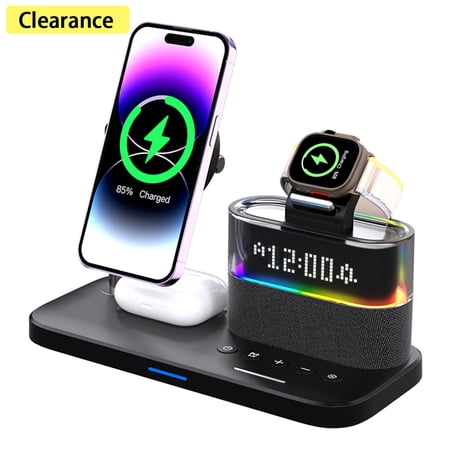 4 in 1 Wireless Charging Station Alarm Clock, Charging Dock for Apple Devices, Charger Stand for iPhone 16 15 14 13 12 11 Pro Max for Apple Watch & AirPods