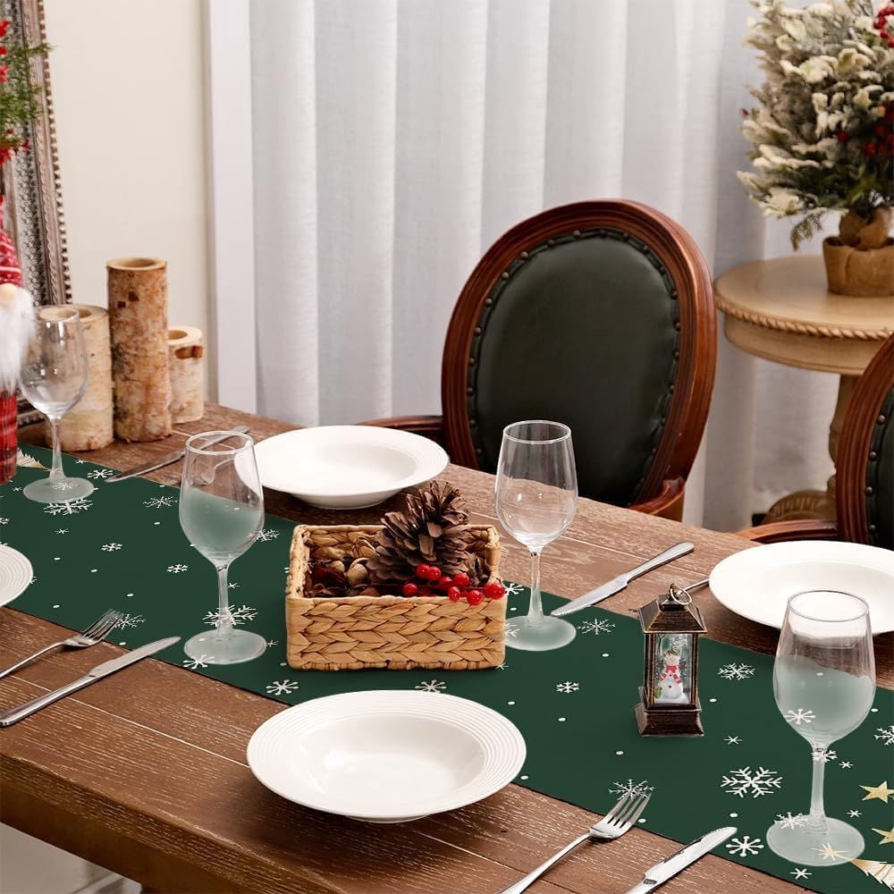 Christmas Table Runner 13x72 Inch, Xmas Trees Snowflakes Holiday Decorative Farmhouse Table Decoration for Kitchen Dinning, Indoor Outdoor Dinner Party Decor
