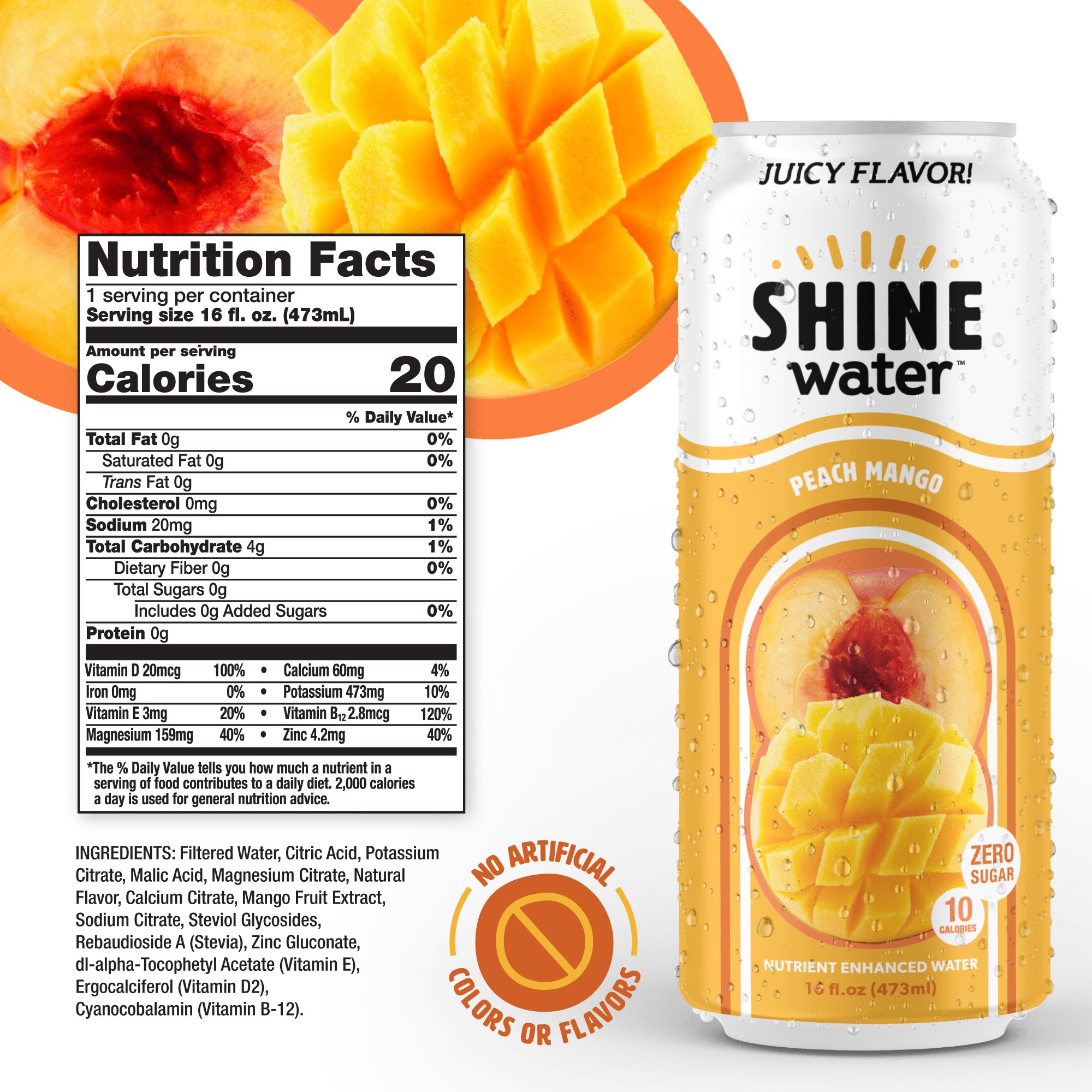Shine Water Peach Mango Vitamin D Electrolyte Drinks 12-Pack, Sugar Free Flavored Water with Magnesium, Zinc & Antioxidants, Low Calorie Hydration