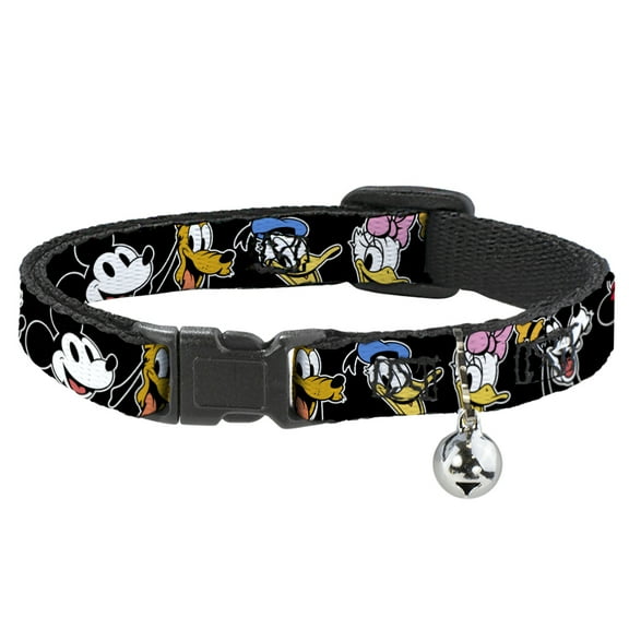 Disney Cat Collar, Breakaway Collar with Bell, Disney The Sensational Six Smiling Faces Black, 8.5 to 12 Inches 0.5 Inch Wide