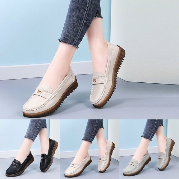 Eltusu Women Flat Shoes, Round Toe No Slip Slip on Workwear Loafer Shoes Beige Size 5.5-9