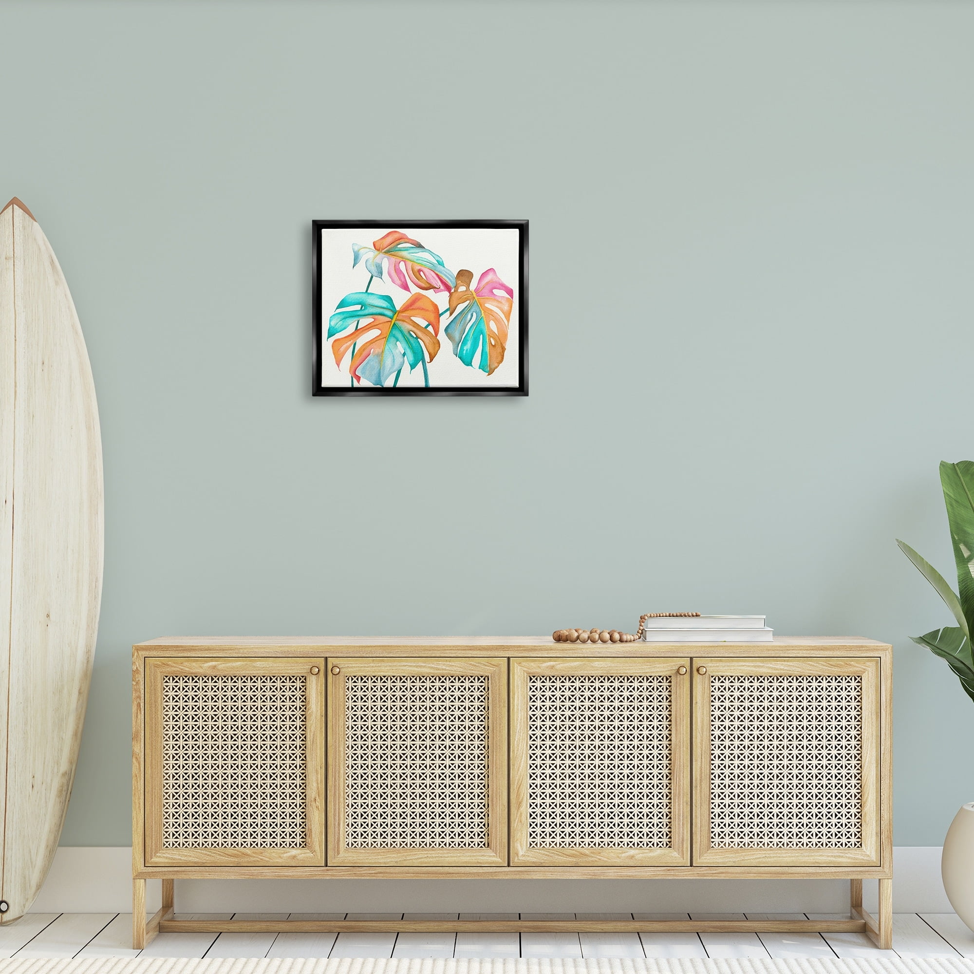 Stupell Industries Varied Rainbow Monstera House Plant Leaves Stems Painting Jet Black Floating Framed Canvas Print Wall Art, Design by Elvira Errico