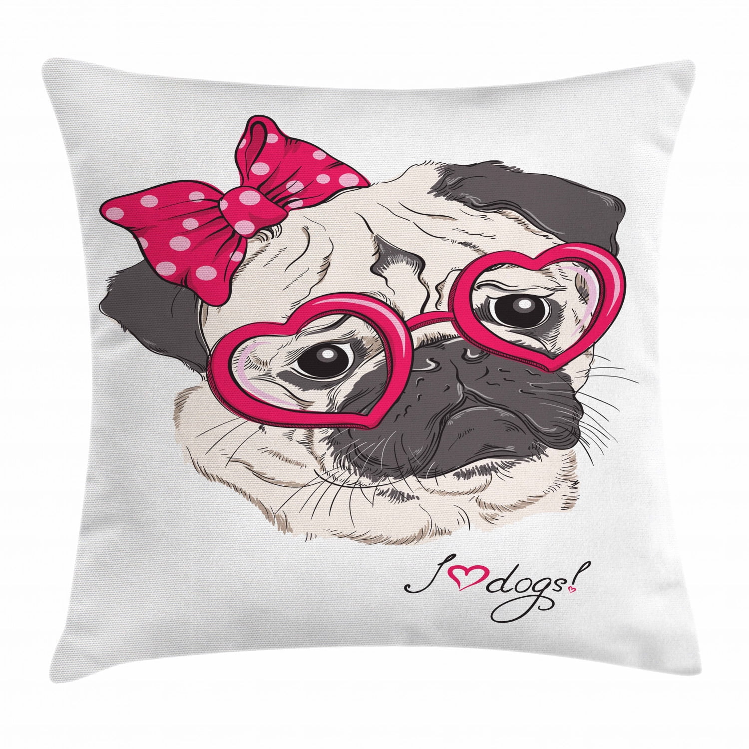 Pug Throw Pillow Cushion Cover Cartoon Style Fashion Portrait Of Hipster Pug Dog With Heart Shaped Glasses Decorative Square Accent Pillow Case 18 X 18 Inches Grey Cream And Magenta By Ambesonne