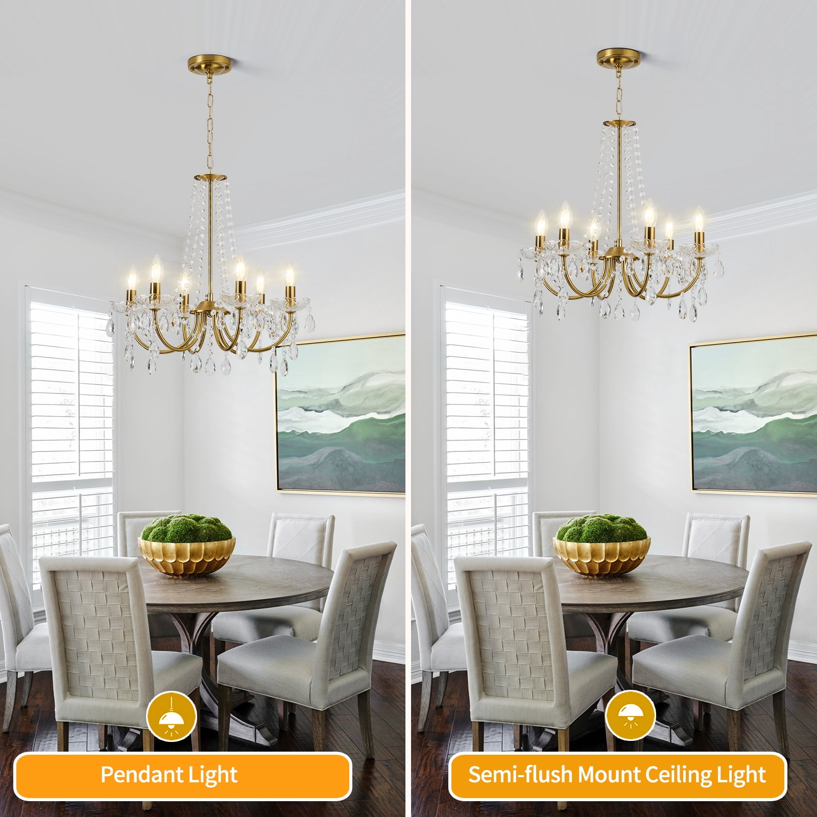 Crystal Chandelier,K9 Crystal Pendant Lighting for Living Room Golden 6 Ceiling Fixture for Wedding,Kitchen,Dining,Foyer,H 18.5" x W 21.3"