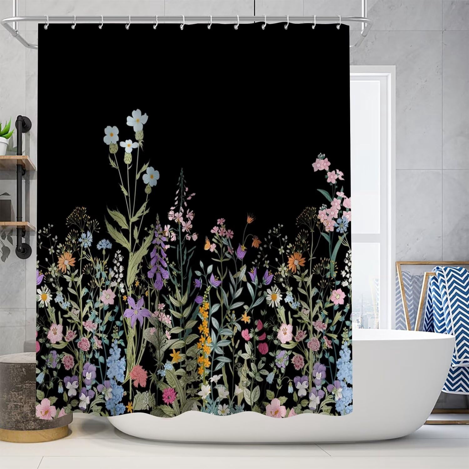 4 Pcs Floral Shower Curtain Set Black Shower Curtain and Rug Set Colorful Floral Bathroom Decor Sets with Shower Curtains and Rugs and Accessories Flower Bathroom Shower Curtain Set with 12 Hook