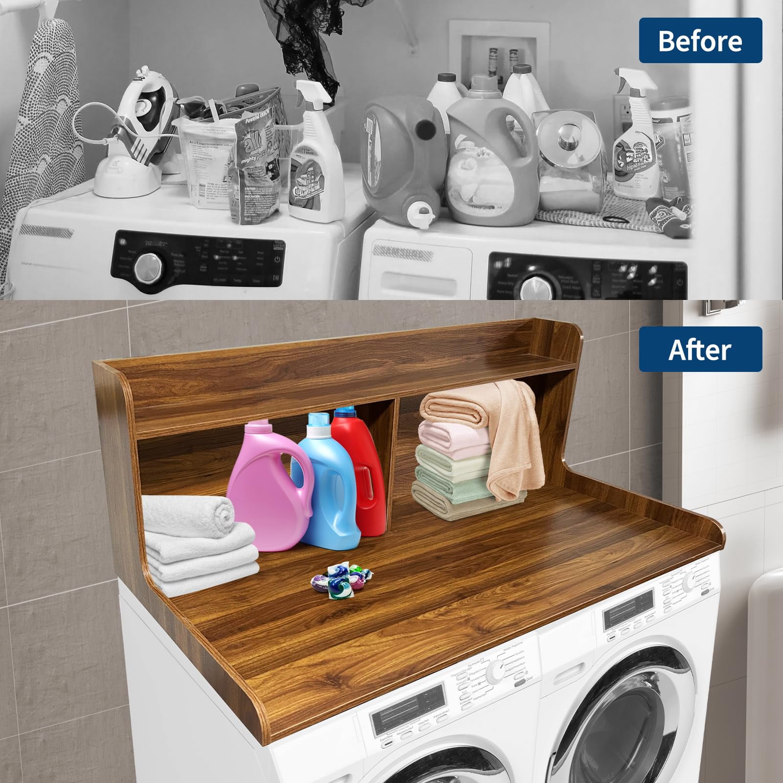 Huisuilinss 2-Tier Washer Dryer Countertop,Waterproof Washer Dryer Cover,Wood Laundry Countertop Cover With Edge Rails,Anti-Slip Pads,Laundry Topper For Folding Clothes Over Washer And Dryer