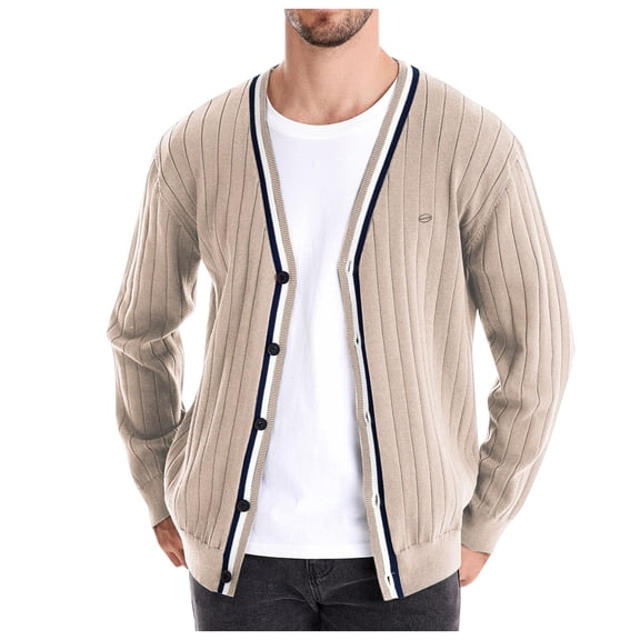 GBSYEWXS Men Pullover Sweaters Outwear Long Sleeve V-Neck Cardigan Solid Color Autumn Beige Sweater
