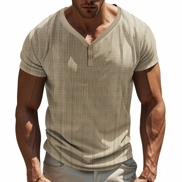 pstuiky camisetas de hombre, Camisa de manga corta con cuello en V y ventilación con botones de color liso para hombre camisas casuales para hombre xxl