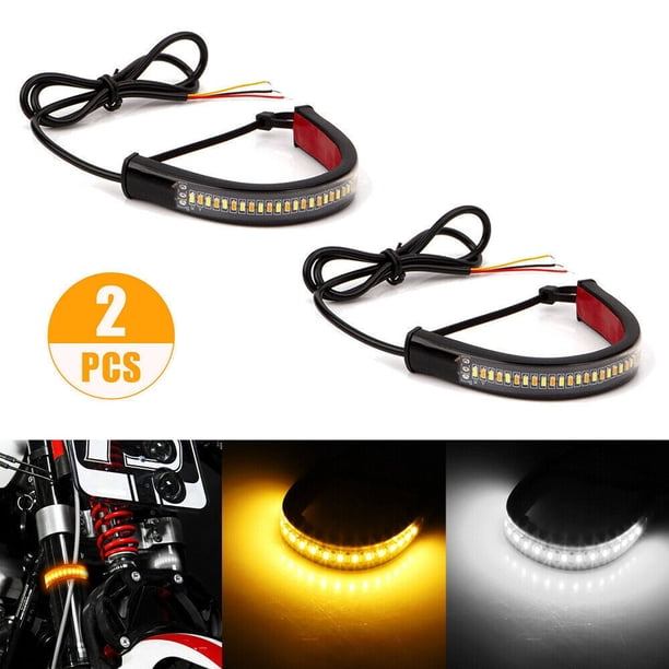 2 piezas LED motocicleta intermitentes anillo horquilla tira luz lámpara delantera flexible luz intermitente motocicleta ámbar blanco DRL luz diurna impermeable