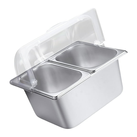 Commercial Grade Stainless Steel Buffet Presentation Tray with Dividers Clear Lid 2 Compartment Serving Pan