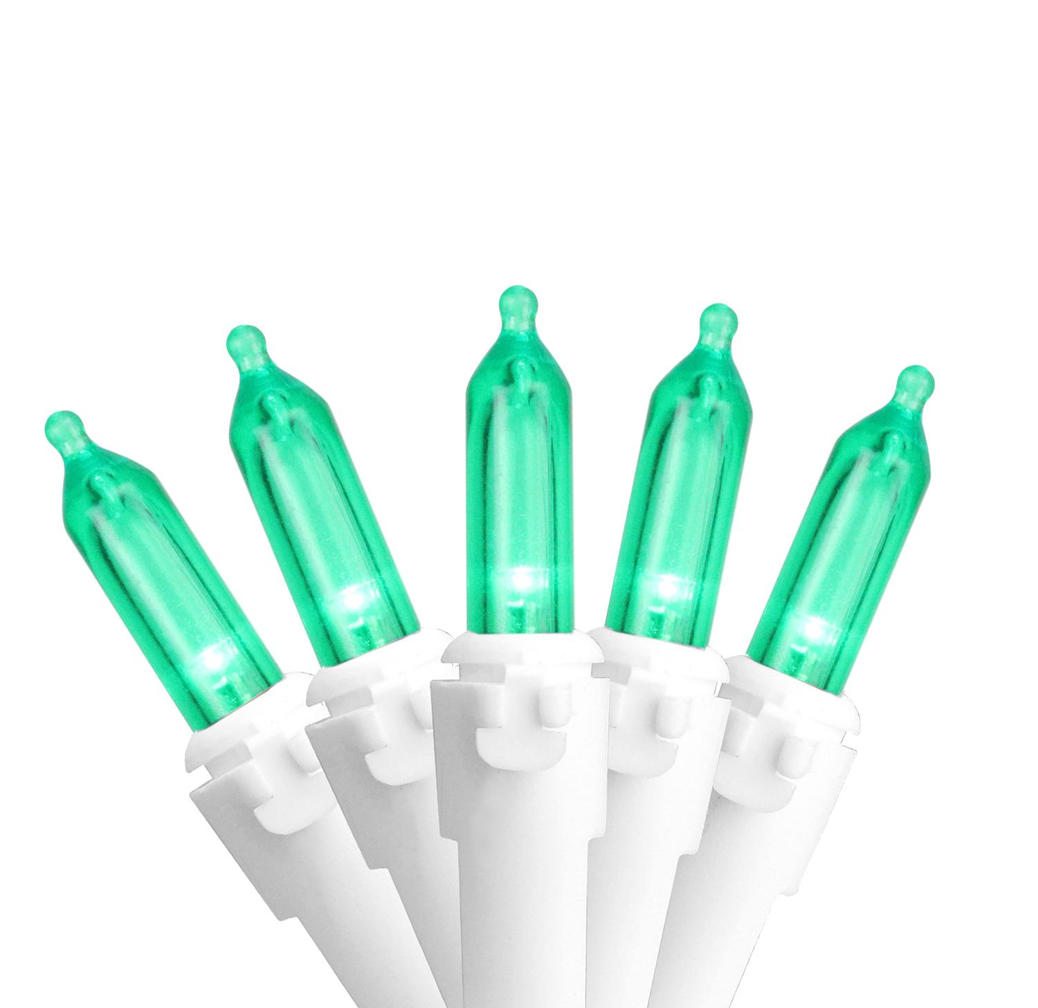 Set of 100 Green LED Mini Christmas Lights 4" Spacing White Wire