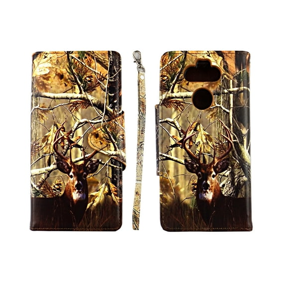 Camo Deer Wallet Case for LG Phoenix 5 / Aristo 5 / Fortune Cover Flap Magnetic Closure Snap-on Book Style Cases Card Holders Folio Standing Wrist Strap Fashion Flip Pu Leather