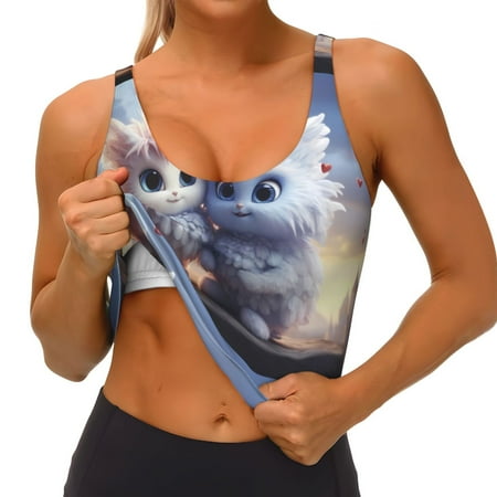 Qokaie Cute Animal Couple Pattern Womens Scoop Neck Sports Bra Breathable Workout Vest Padded U Back Medium Impact Fitness Gym Yoga Bra Workout Crop Top