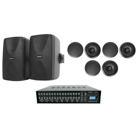 Rockville ROCK MATRIX 4-Zone Home Receiver 6) Ceiling 2) Black Wall Speakers