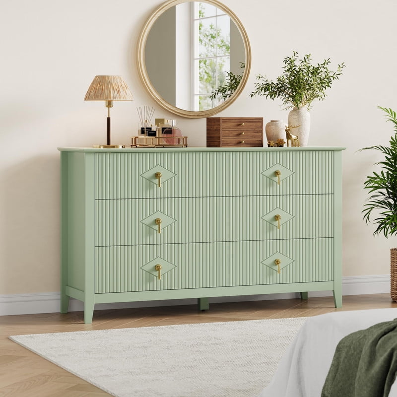 TROPOW Fluted 6 Drawers Dresser for Bedroom, 54" Wide Modern Chest of Drawers with Metal Handle, Wooden Dresser Organizer for Bedroom, Living Room, Hallway, Entryway