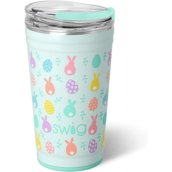 TRAHOO-24oz Party Cup, Stackable Insulated Travel Coffee Tumbler with EZ Slider Lid, Cup Holder Friendly Travel Thermos, Stainless Steel 24 oz Tumbler, Reusable Coffee Mug (Egg Hunt)