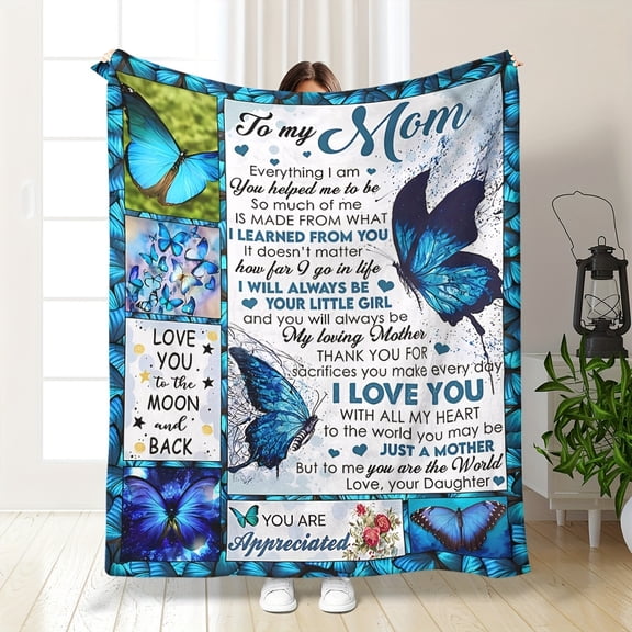 Ultra-Soft Flannel 'to My Mom' Throw Blanket - Cozy Mother's Day Gift, Lightweight 100% Polyester with Blue Butterfly & Floral Design
