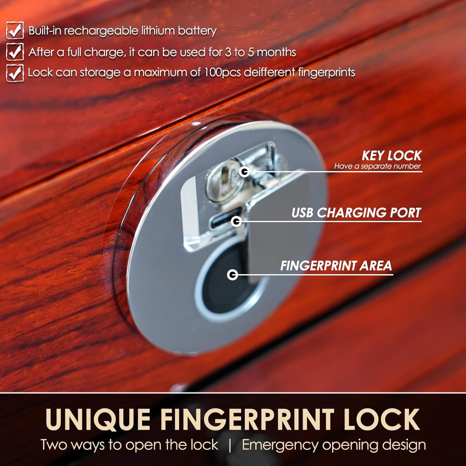 Smart Jewelry Box with Fingerprint Lock, 3-Layer Large Wood Jewelry Organizer for Women, Rosewood Piano Finish Storage Chest with Drawers