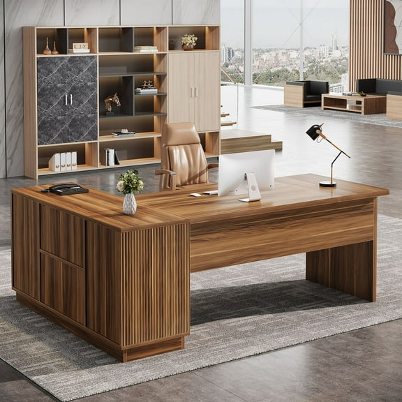 70.8-Inch L-Shaped Executive Desk with File Cabinet, Large Computer Desk, Walnut