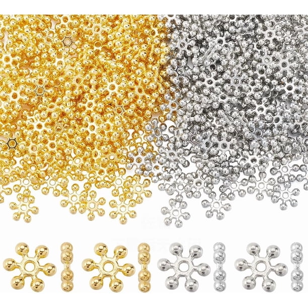 1 caja de 400 cuentas espaciadoras de copos de nieve de metal plateado, de aleación tibetana, doradas, de 10 mm, con forma de flor, para invierno, Navidad y copos de nieve.