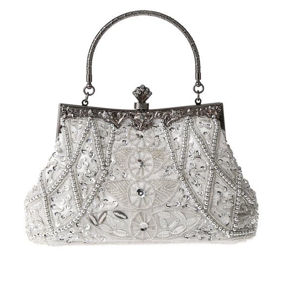 Bolso de noche DA BODAN, vintage, con cuentas y lentejuelas, perla, plata
