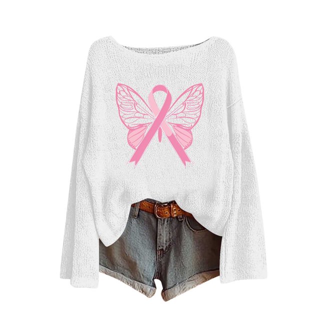 Birdeem Chandail pour Femmes, Journée de Sensibilisation au Cancer du Sein Imprimé Col Rond Manches Longues Mode Haut, Pulls pour Femmes, Longs Pulls pour Femmes