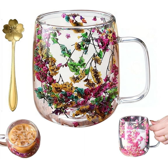 15.2Oz Double Glass Flower Tea Cup, Dried Flowers Double Wall Insulated Coffee Mug with Handle for Latte Tea Gifts