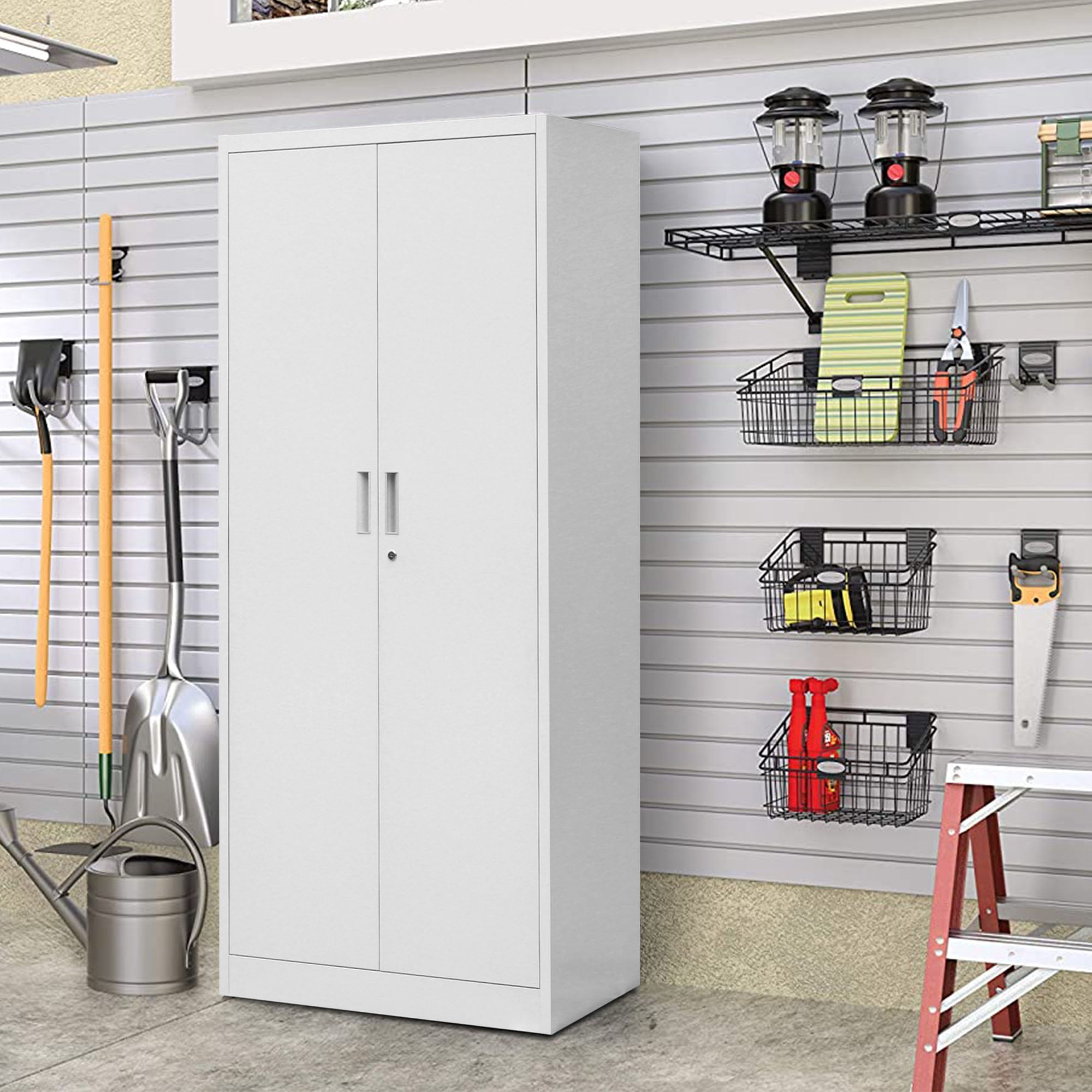 Metal Storage Cabinet, 71" H Locking Cabinet with 5 Adjustable Shelves, Garage Cabinet for Office, Home, Pantry-White
