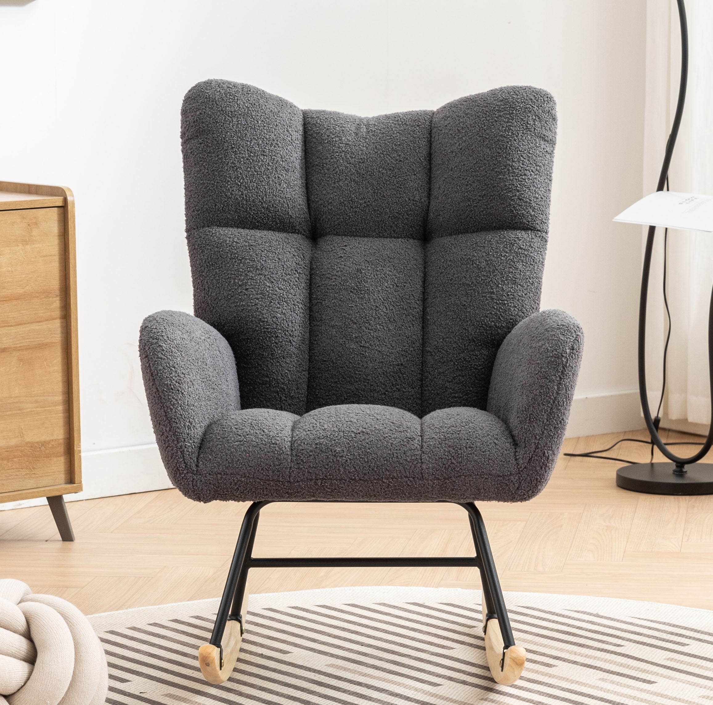 Rocking Chair Nursery,Teddy Upholstered Glider Rocker with High Backrest,Modern Rocking Accent Chairs Glider Recliner for Living Room, Nursery, Bedroom,Gray