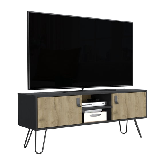 Nmkwnr TV Stand for TVs up to 48 Inches, Entertainment Center with Open Shelf and 2 Doors, Wood TV Cabinet for Living Room, Black