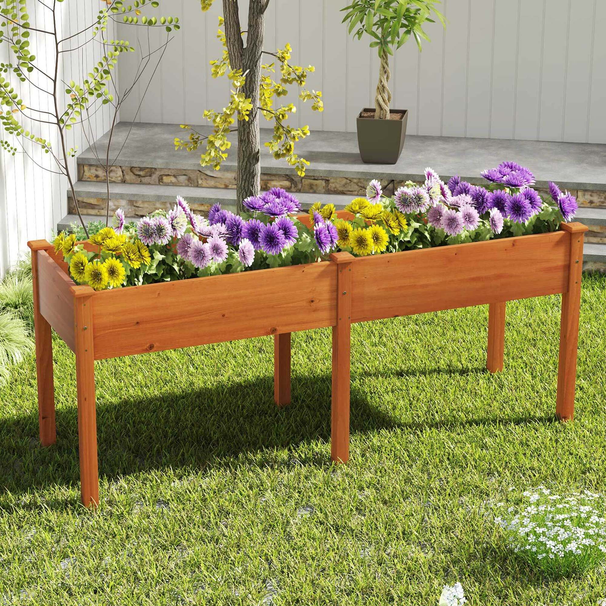 Costway Outdoor Raised Garden Bed with Legs 73x23x30in Wood Planter Box with Divider Panel Brown