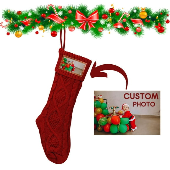 Personalized Christmas Stocking with Photo, 18” Large Knitted Xmas Stocking for Kids, Customized Christmas Gifts and Holiday Home Decor