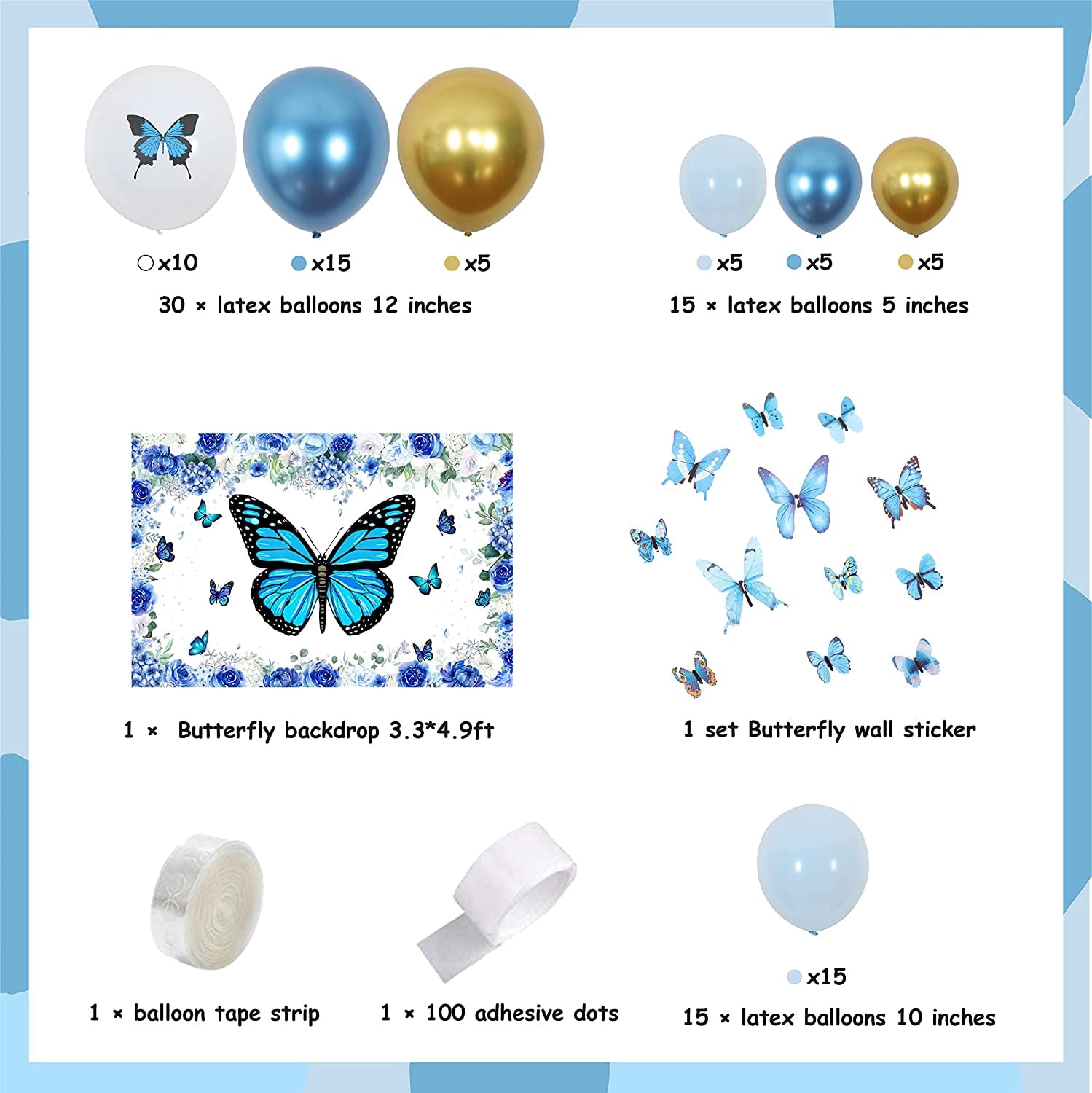 Jollyboom Blue Butterfly Balloon Garland Arch Kit, 73 Pieces