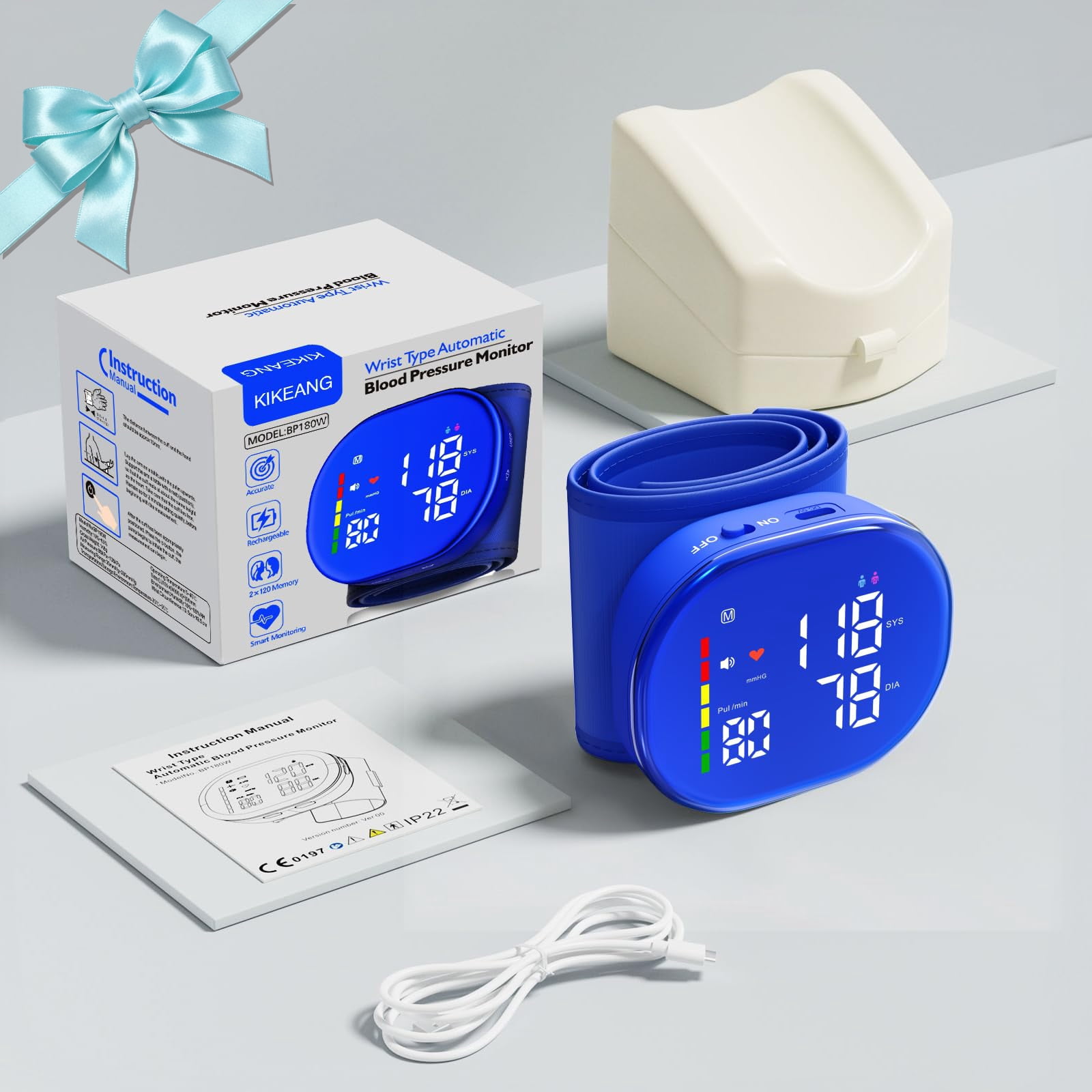 Wrist Blood Pressure Monitor, Rechargeable BP Cuff with Large LED Backlit Display, 5.3"-8.4" Adjustable Wrist Cuff, 2-User Mode, Digital Blood Pressure Machine for Home Use,Blue