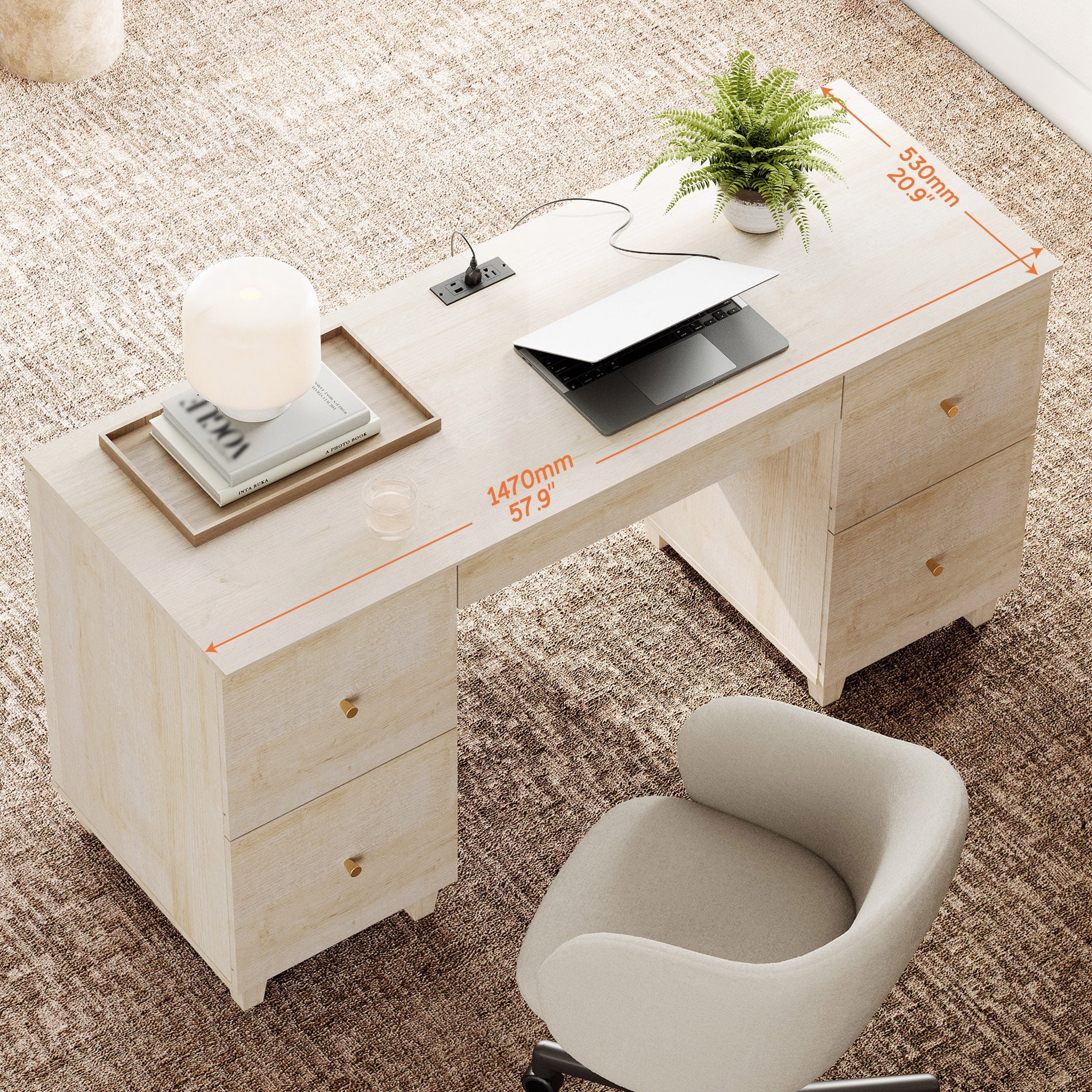 58" Executive Desk with 5 Drawers, Modern Farmhouse Home Office Computer Table with Charging Station, Light Oak