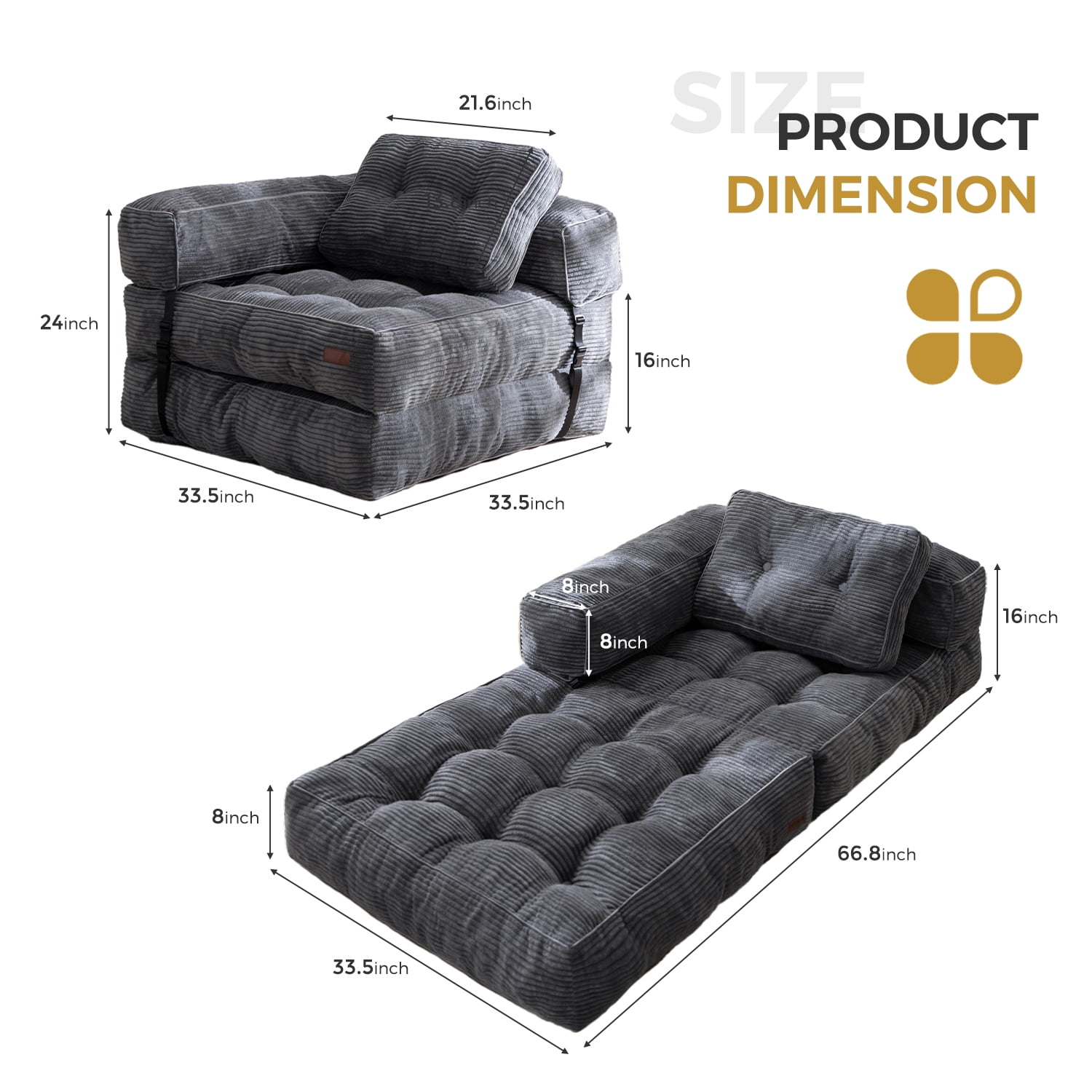 BYBYME Folding Sofa Bed,8 Inch L Shape Convertible Sofa Bed with Armrests,Floor Sofa Bed with Pillows,Portable Folding Chair Bed,Lounger for Living Room and Bedroom,etc.,DGrey