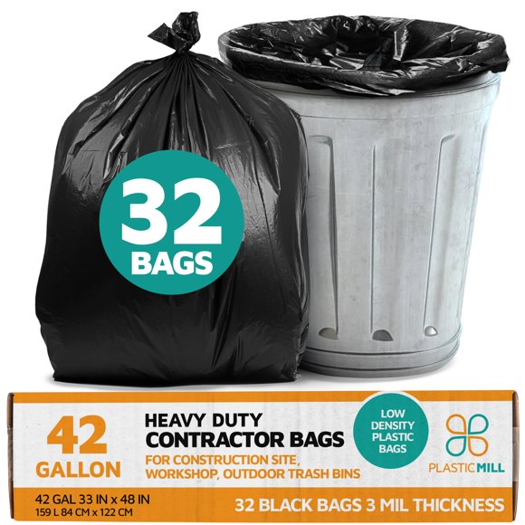 PlasticMill Contractor Bags Heavy Duty - Commercial, Industrial Garbage Bags - Black Construction Trash Bags - Outdoor, Garden Trash Bags, 42-Gallon, 3 Mil, 33"x48" (32-Count)