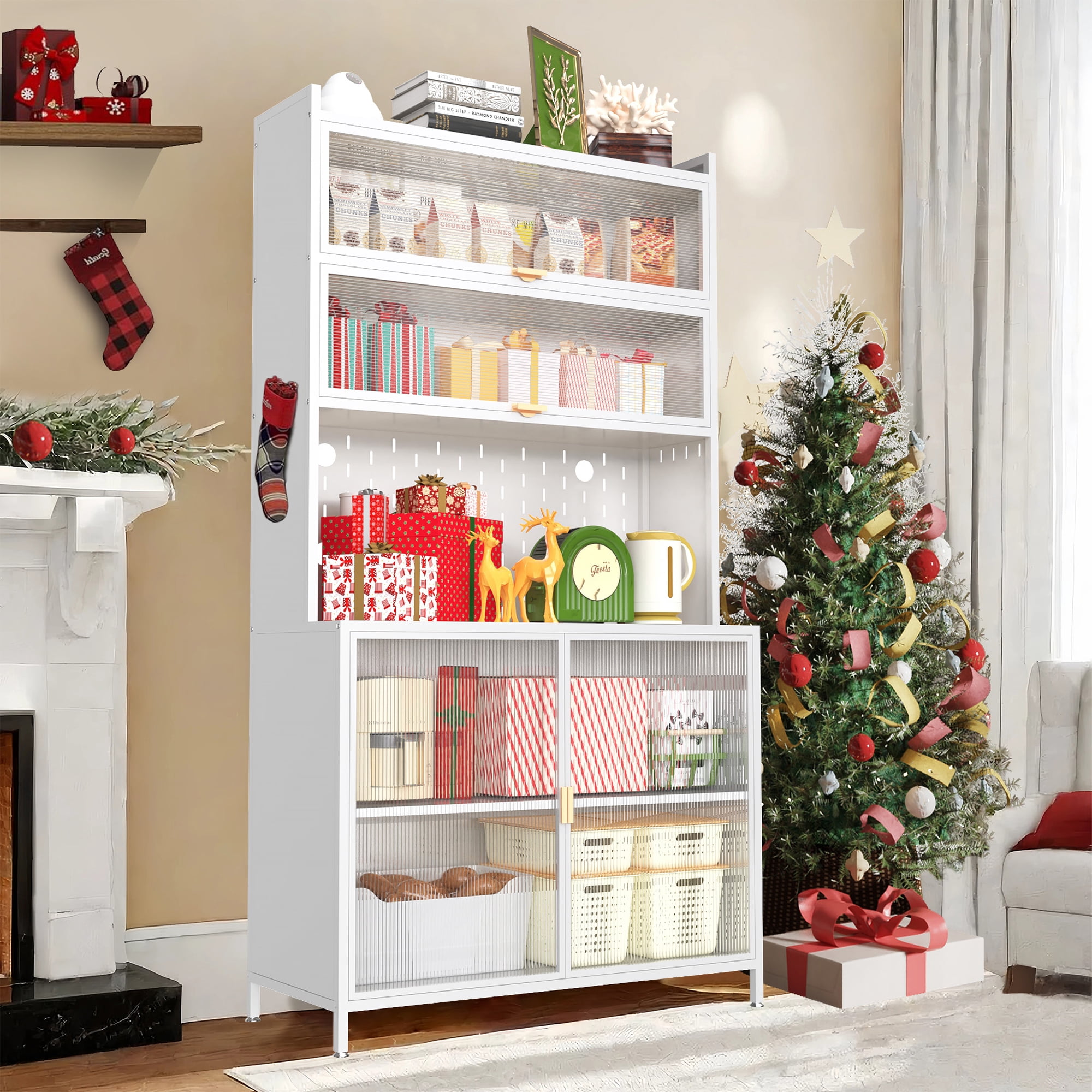 Homy Casa Tall Pantry Cabinet with Glass Sliding Doors and Multi-Layer Storage for Kitchen, White