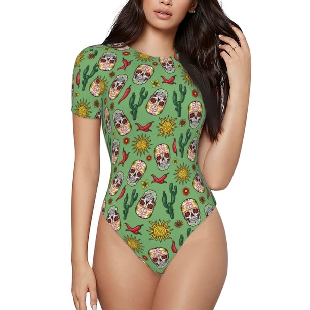Balery Vintage Sugar Skull Body de cuello redondo de manga corta para mujer Tops de manga corta Tops básicos-Large
