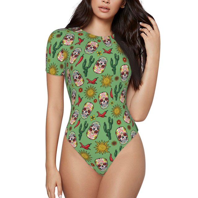 Balery Vintage Sugar Skull Body de cuello redondo de manga corta para mujer Tops de manga corta Tops básicos-Small