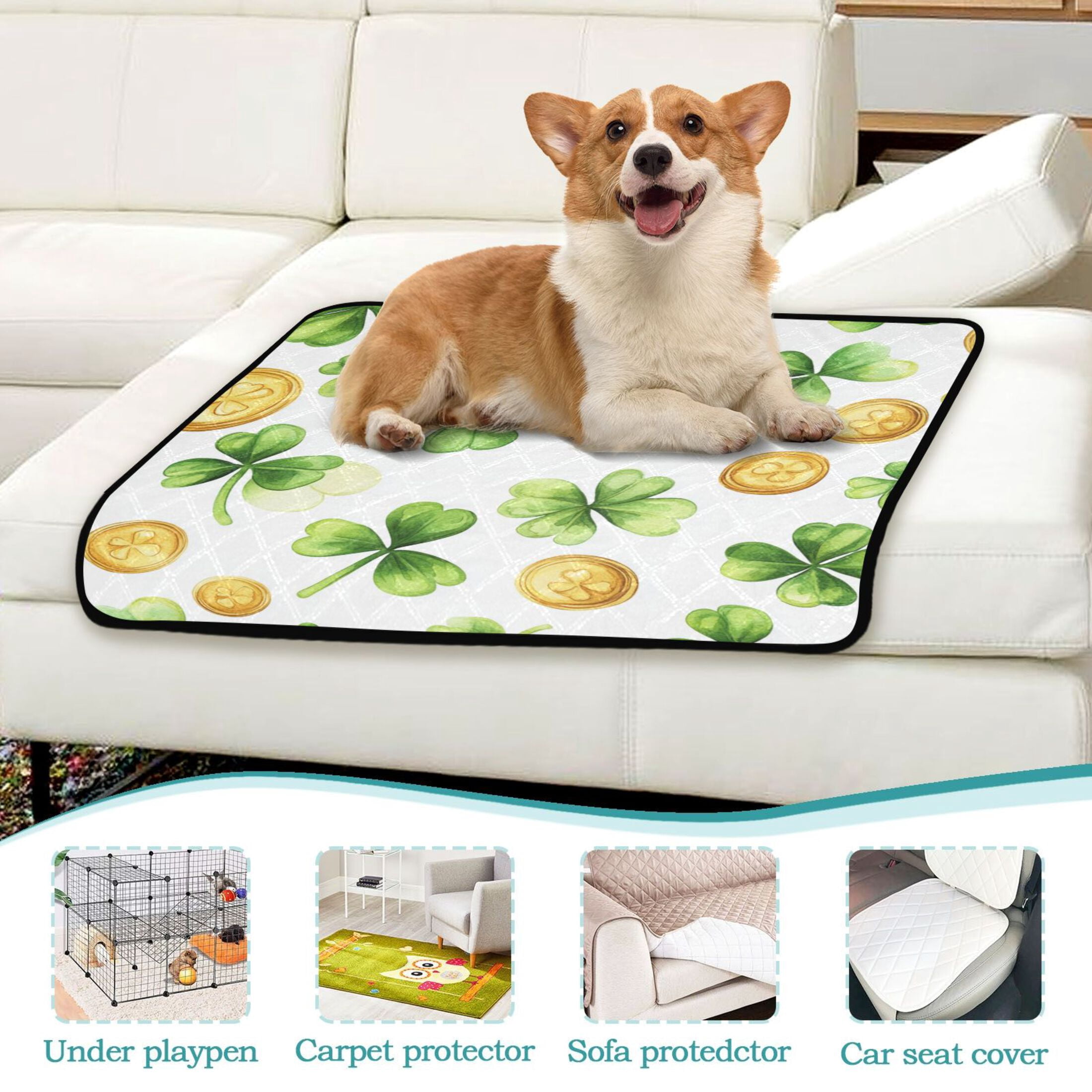Qxltty St Patricks Shamrock and Gold Coin Patterns Cat litter Pads Pet Set of 2 Diaper Mats Center Anti-leakage Layer Absorbent Soft and Comfortable