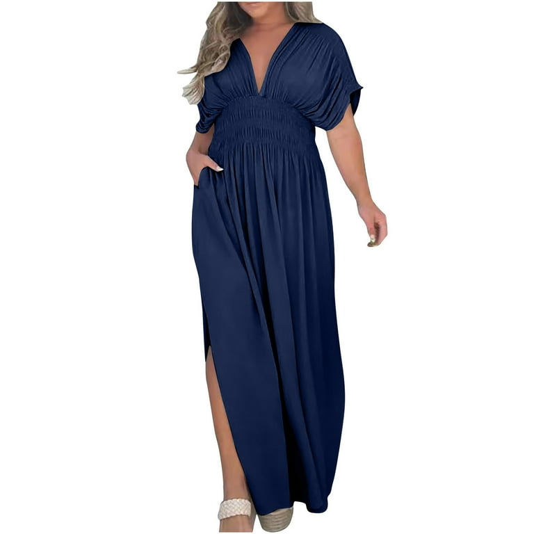 RYDCOT Cocktail Dresses for Women 2024 Elegant Classy Plus Size Summer  Casual Short Sleeve Maxi Dress Empire Waist V Neck Dresses with Pockets -  Walmart.com