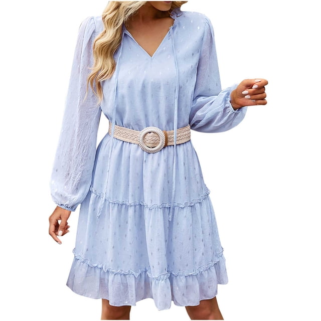 Vestido acampanado a media pantorrilla de manga larga de otoño e invierno de chifón de Color sólido con cintura Sexy y cuello en V para mujer Pompotops hdfakjf8506