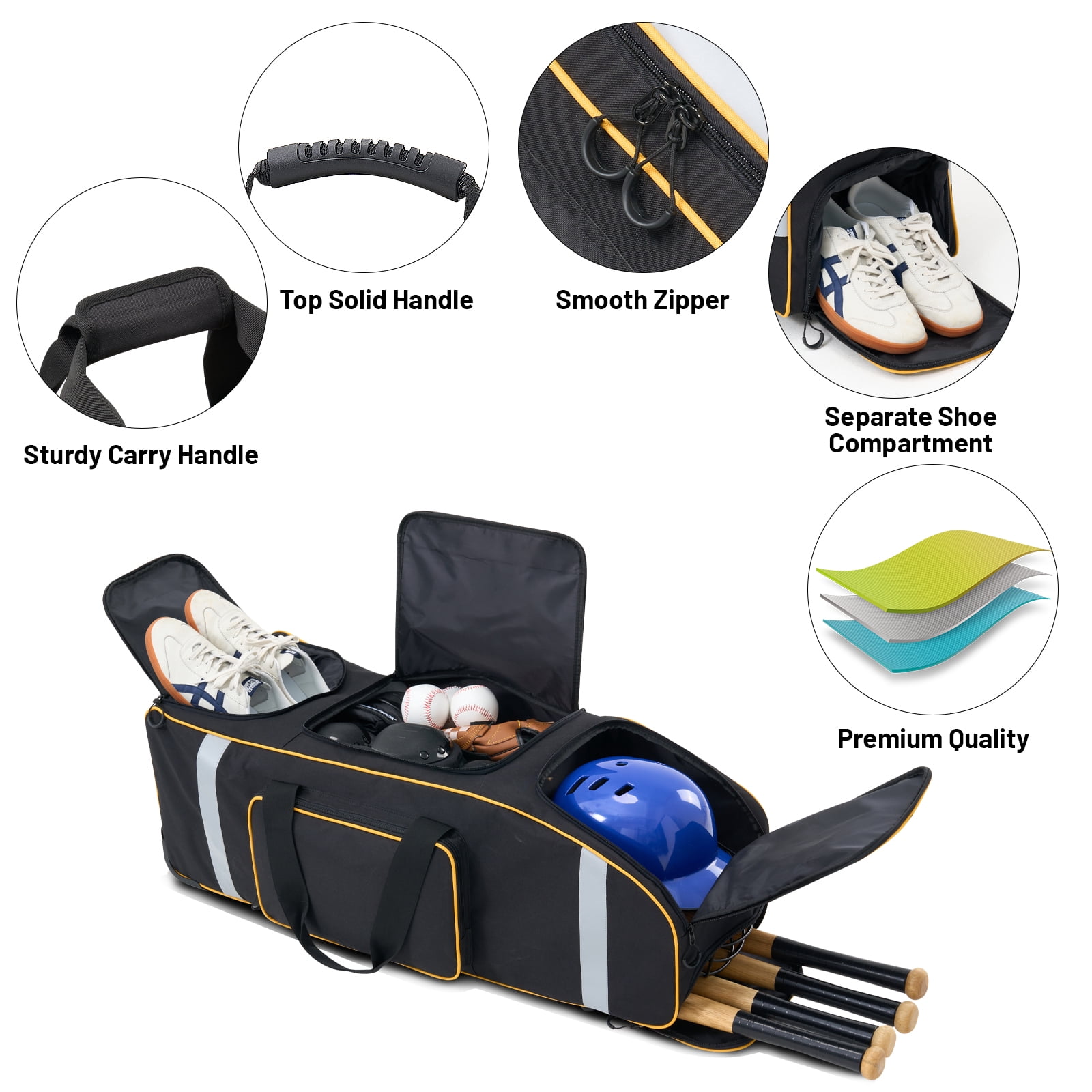 Large Catcher Gear Bag With Wheels, Soft Rolling Baseball Bag for 4 Bats, Portable Baseball Catcher Bag With Wheels, Multi-Pockets, Fence Hook, Holds All Softball Baseball Equipment (36x12x12inch)