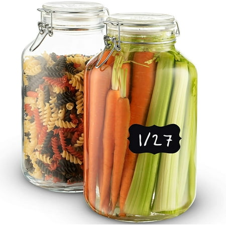 Glass Fido Jars - (Set of 2) 135.¼ Ounce - 4 Liter, with hinged hermetically Sealed Airtight lid for Fermenting, Canning, Preserving, With Exclusive Paksh Novelty Chalkboard Labels Set