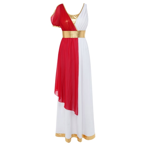 iiniim Women Ancient Greek Worship Prayer Tunic Dress Cold Shoulder Short Sleeve Asymmetrical Toga Dress for Halloween Party Red 3XL