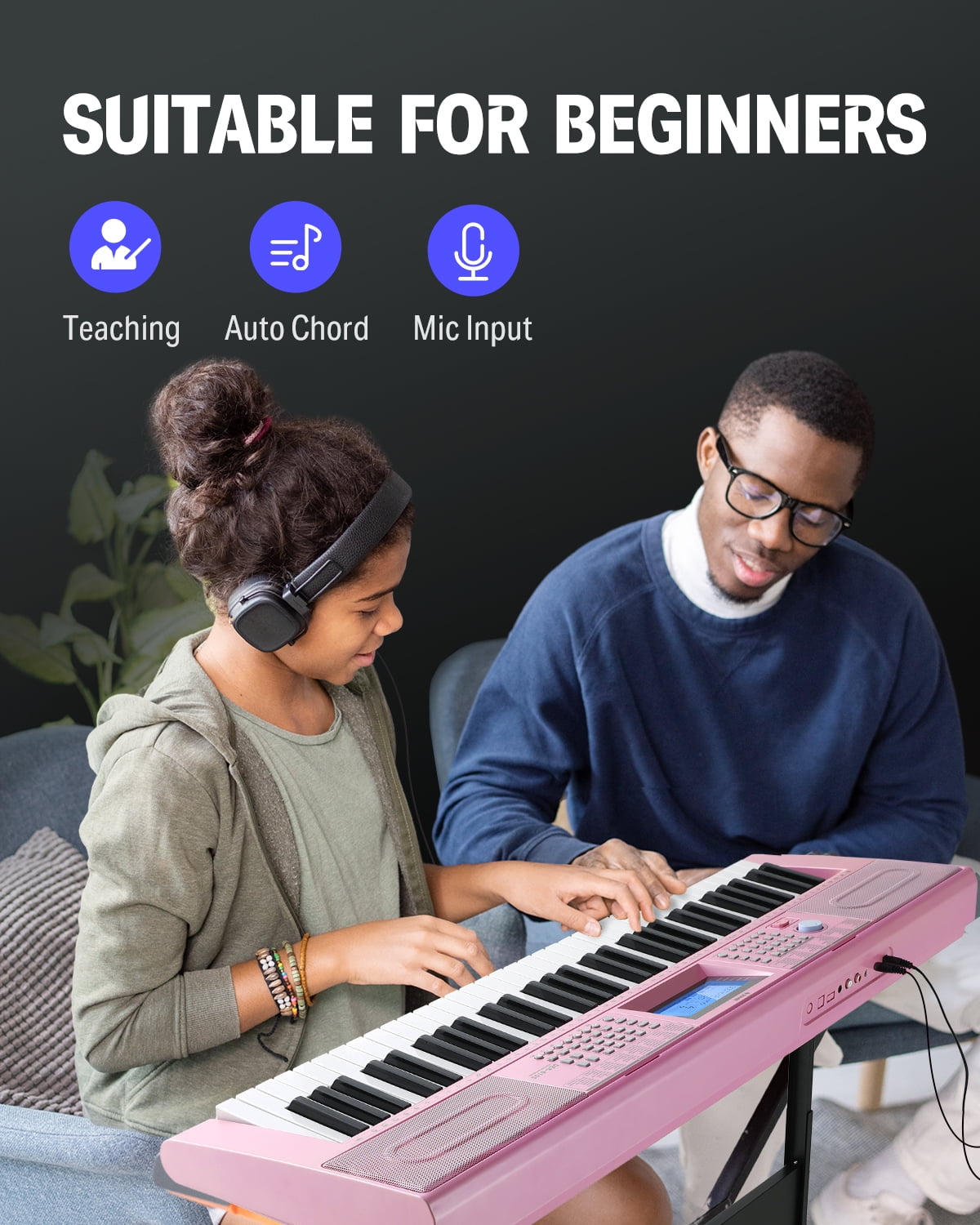 Donner New 61 Key Piano Keyboard Electric Keyboard Bundle for Beginners, with Piano Stand, Stool, Microphone, Perfect Gift for Daughter, Pink (DEK-610S)