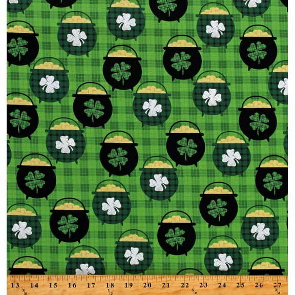 Cotton Saint Patrick's Day Holiday Pot of Gold Hello Lucky Green Plaid Patterned Cotton Fabric Print by the Yard (9737-66)