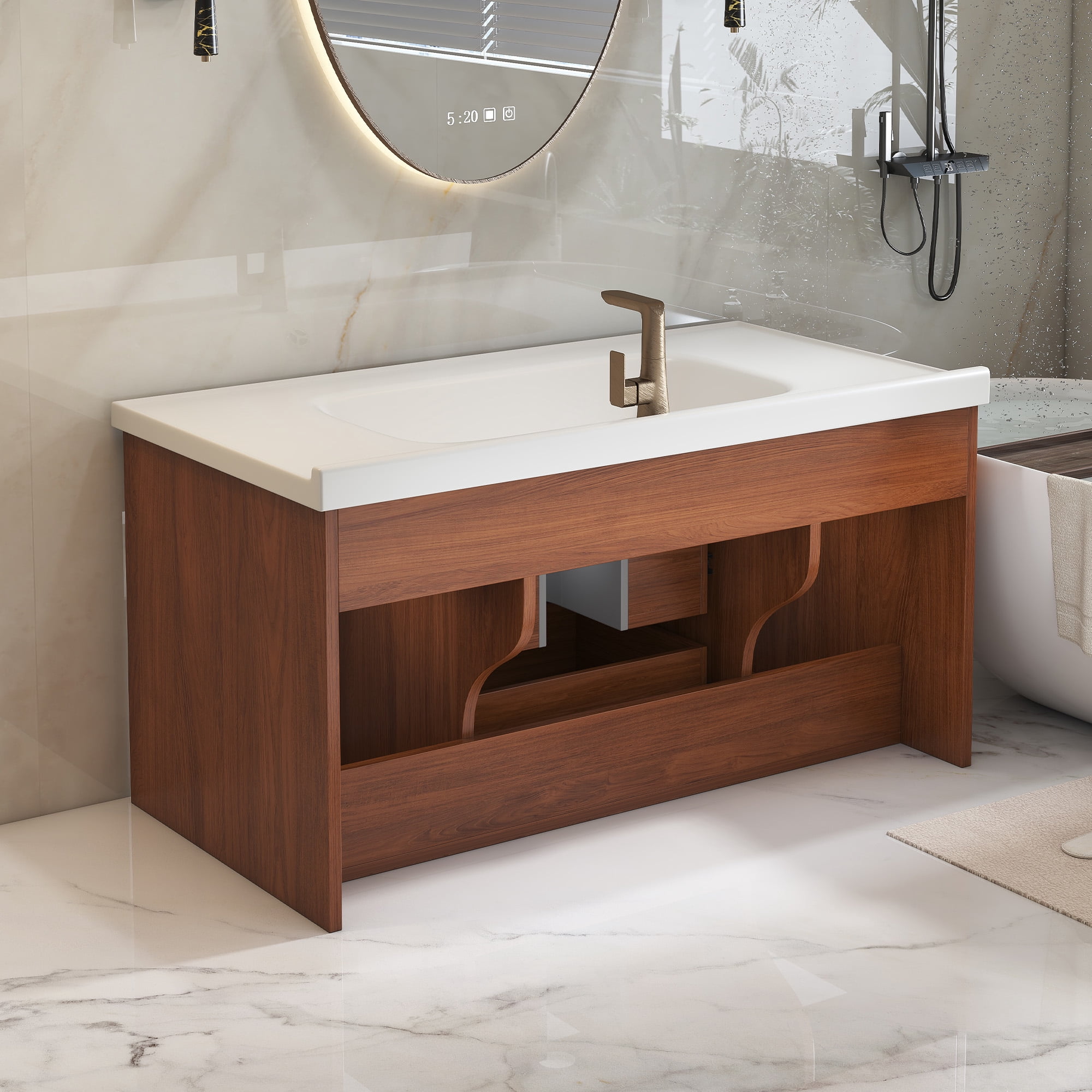 35.4" Mid-Century Modern Bathroom Vanity with Integrated Ceramic Sink, Freestanding Vanity with 2 Drawers & Open Shelf, White and Walnut