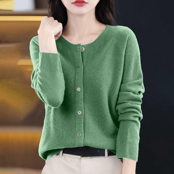 Bnwani Cardigan Sweaters for Women, Fall and Winter Acrylic Casual Solid Color Round-Neck Sweater